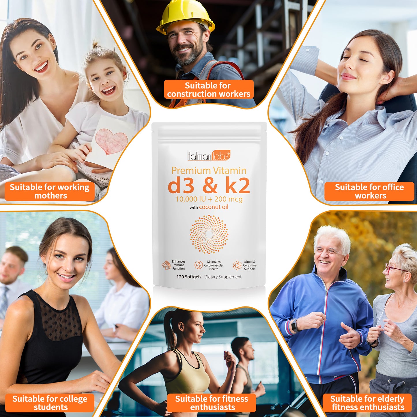 Verschillende mensen in verschillende situaties, zoals werk en studie, omringd door de verpakking van Vitamine D3+K2 + Kokosnoot Olie van Mijn winkel, benadrukt de veelzijdigheid van dit supplement.