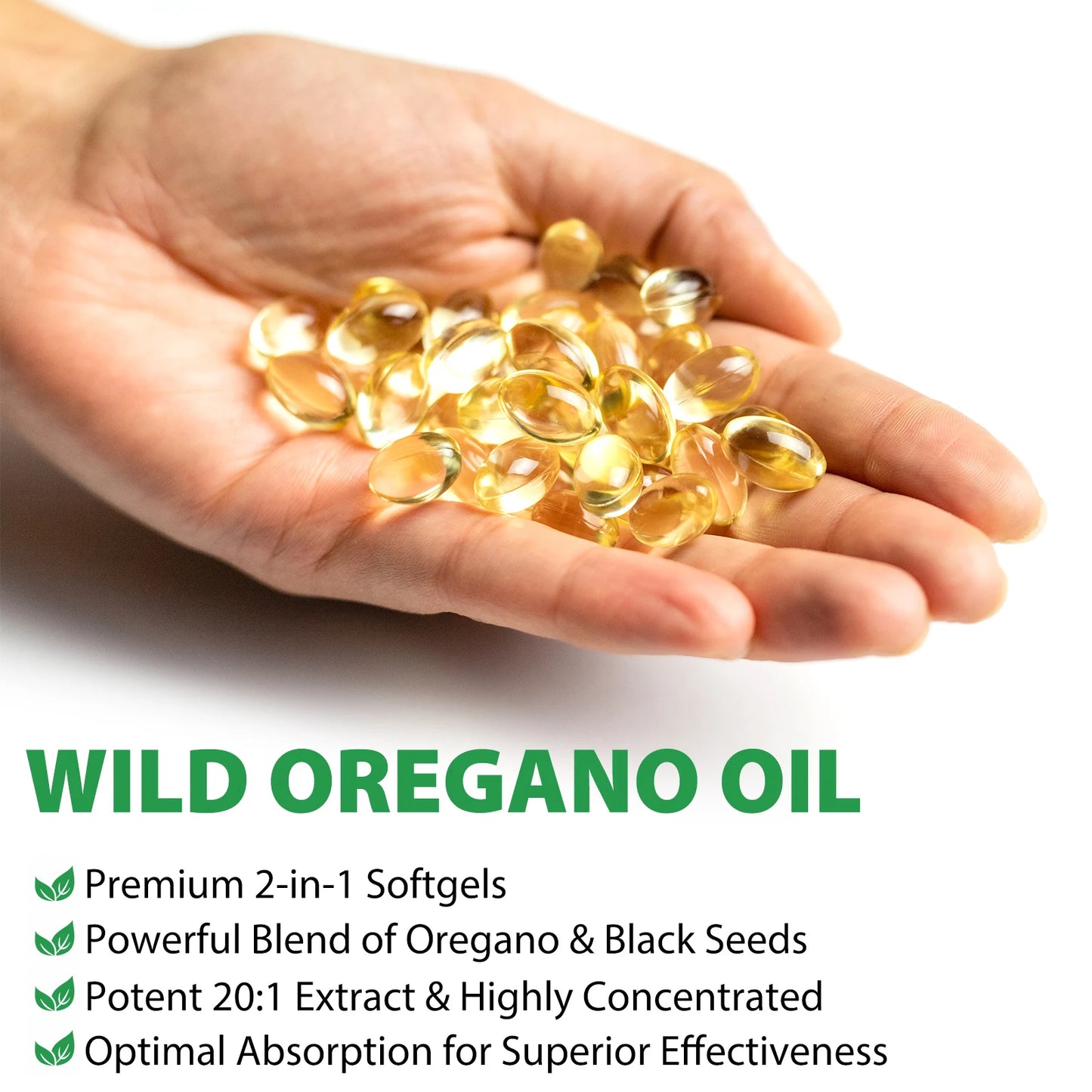 Hand met Wilde Oregano+Zwarte Zaad Olie Capsules van Mijn winkel, die de premium softgels toont die een krachtige combinatie van kruiden bieden.