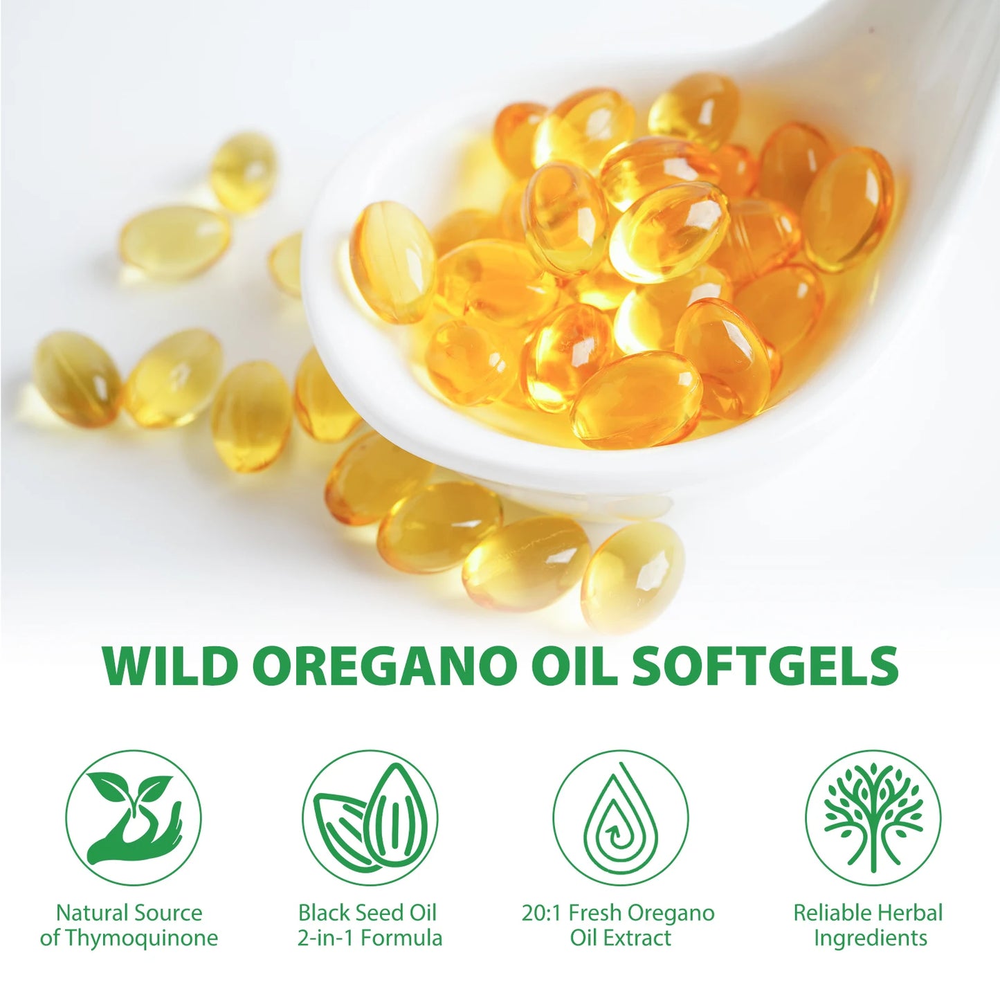 Lepe met Wilde Oregano+Zwarte Zaad Olie Capsules van Mijn winkel, die de hoogwaardige ingrediënten en voordelen van de softgels benadrukt.