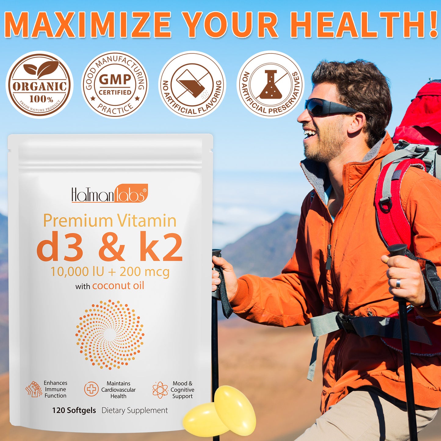 Een actieve man met een rugzak geniet van de natuur, naast de verpakking van Vitamine D3+K2 + Kokosnoot Olie van Mijn winkel, dat 10.000 IE vitamine D3 en 200 µg vitamine K2 bevat.
