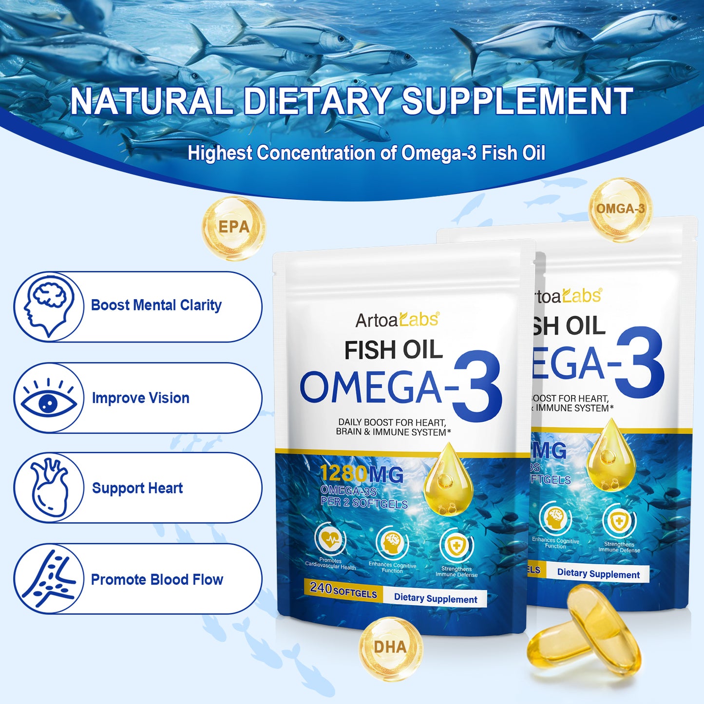 Natuurlijke Omega 3 Visolie Capsules van Mijn winkel, die mentale helderheid bevorderen en de bloedcirculatie ondersteunen.