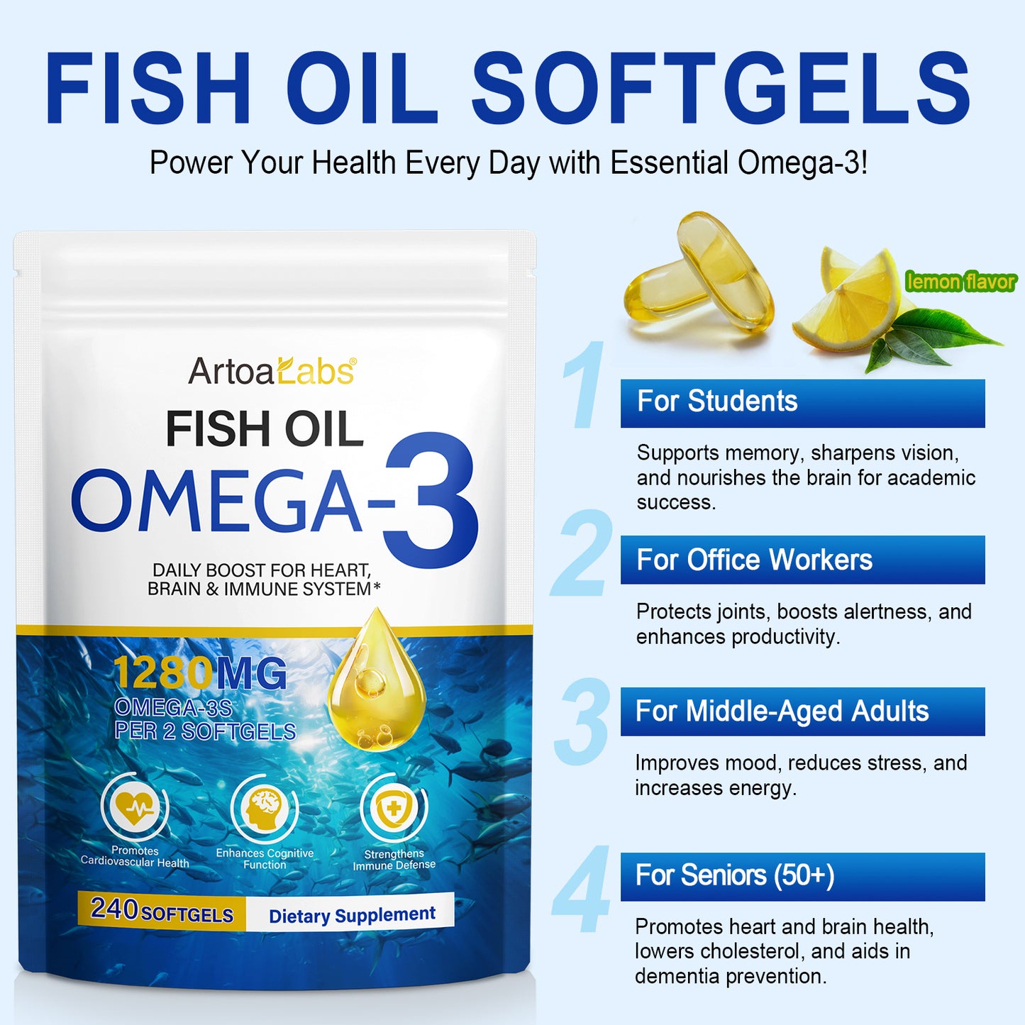 Productdetails van ArtoaLabs Omega 3 Visolie Softgels met voordelen voor diverse leeftijdsgroepen, aangeboden door Mijn winkel.