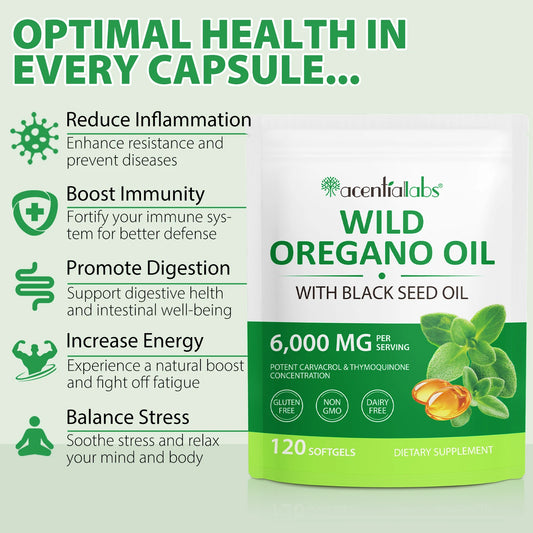Verpakking van Wilde Oregano+Zwarte Zaad Olie Capsules van Mijn winkel, die de voordelen toont voor ontstekingsremming en immuunondersteuning.