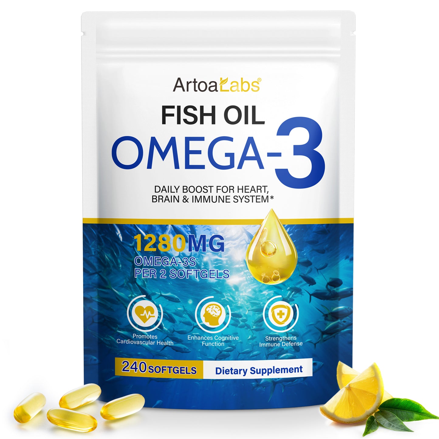 Verpakking van ArtoaLabs Omega 3 Visolie, 1280MG per 2 softgels, aangeboden door Mijn winkel voor hart- en immuunsysteem ondersteuning.