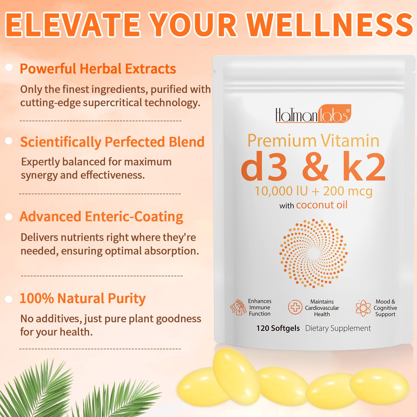 Een close-up van de verpakking van Vitamine D3+K2 + Kokosnoot Olie van Mijn winkel, met nadruk op de natuurlijke ingrediënten en gezondheidsvoordelen.