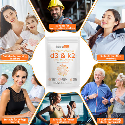Verschillende mensen in verschillende situaties, zoals werk en studie, omringd door de verpakking van Vitamine D3+K2 + Kokosnoot Olie van Mijn winkel, benadrukt de veelzijdigheid van dit supplement.