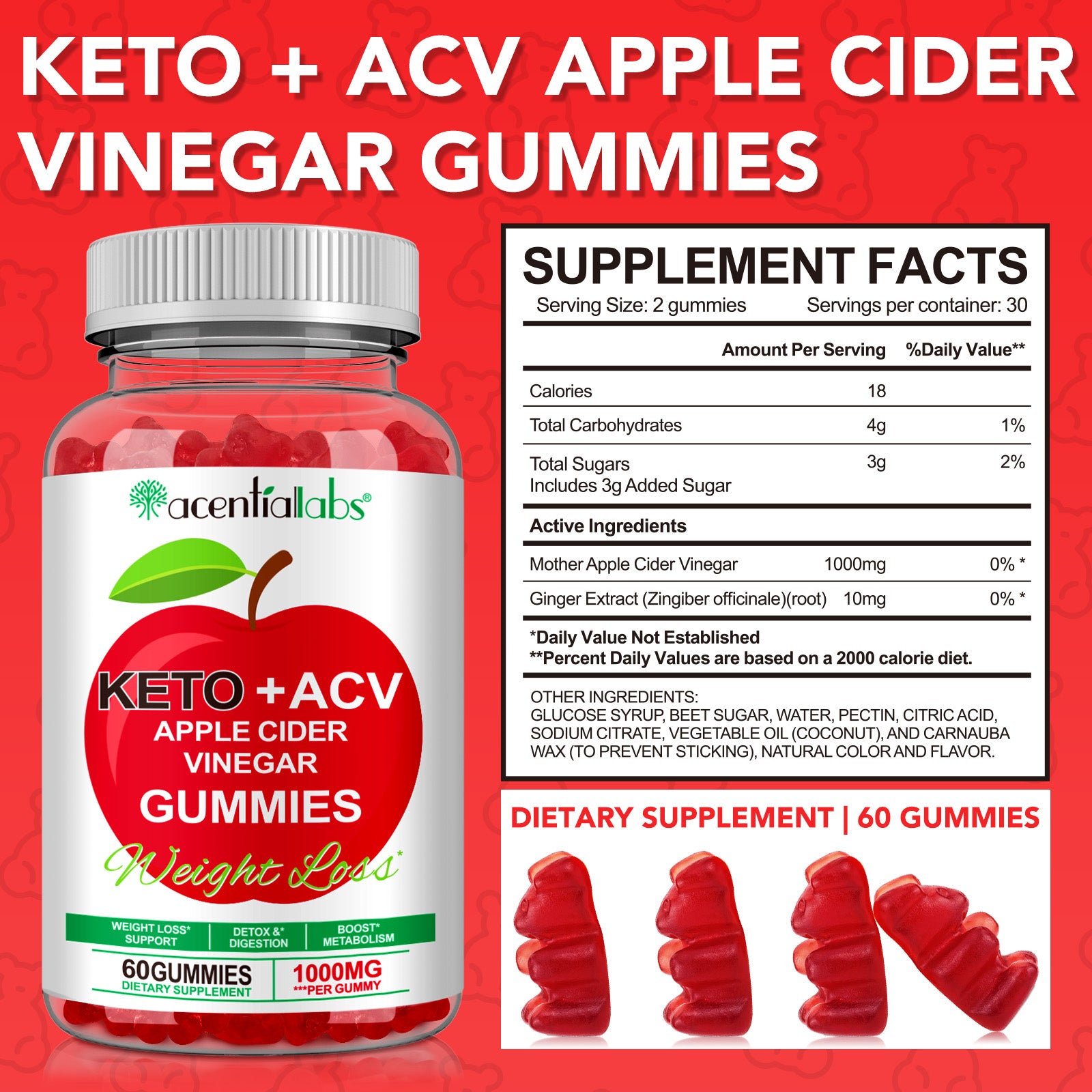 Navigatie- en voedingsinformatie voor de Golden Nuts Appelazijn Gummies, 60 vegan capsules van 1000 mg, verkrijgbaar bij Mijn winkel.