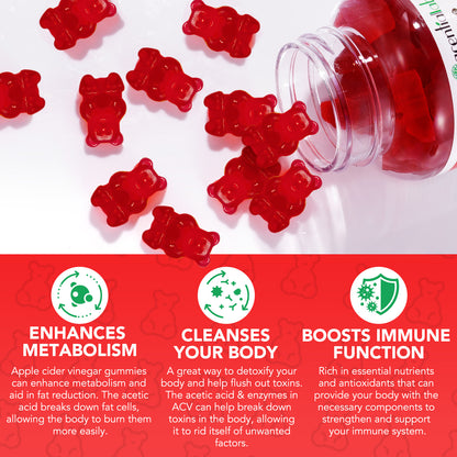 Heldere appelazijn gummies van Golden Nuts, die de stofwisseling verbeteren en de gezondheid ondersteunen, verkrijgbaar bij Mijn winkel - Golden Nuts Appelazijn Gummies.