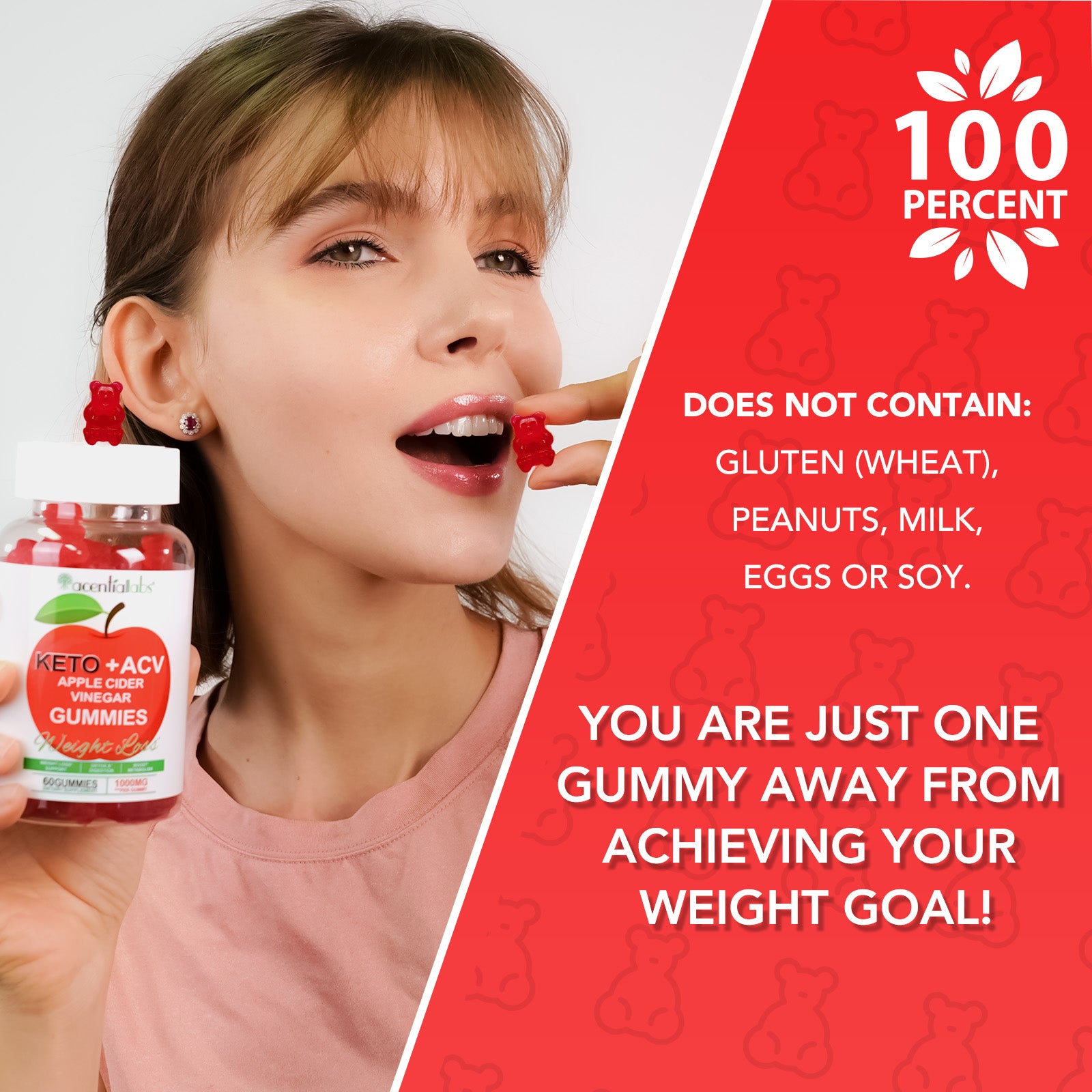 Vrouw die een appelazijn gummie van Golden Nuts eet, met de boodschap om je gewichtsdoelen te bereiken, verkrijgbaar bij Mijn winkel - Golden Nuts Appelazijn Gummies.