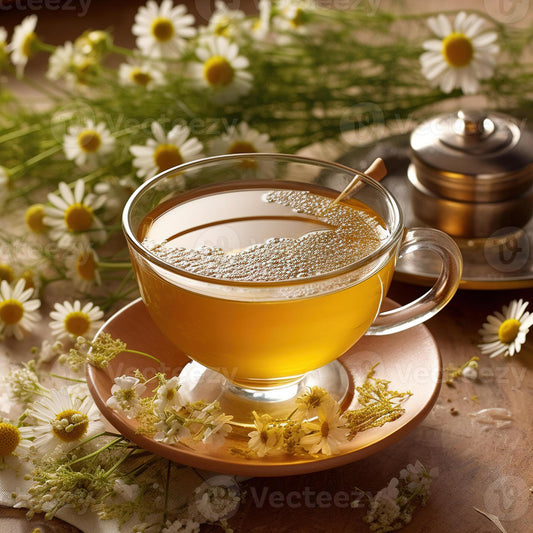 Een kop Kamille Thee van Mijn winkel, gemaakt van gedroogde chamomilla-bloemen. De warme, gouden kleur met natuurlijke schuimkraag ligt prachtig op een houten schotel, omringd door verse kamillebloemen, perfect voor een moment van ontspanning.