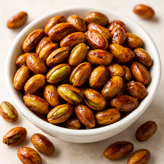 Een witte kom vol met perfect gebakken pistachenoten in olie, licht gezouten voor een heerlijke snack, aangeboden door Mijn winkel - Pistache in Olie.