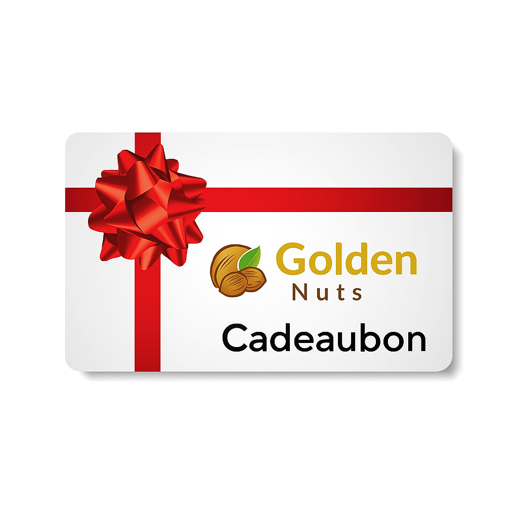 Golden Nuts Cadeaubon met een rode strik, perfect cadeau voor notenliefhebbers.