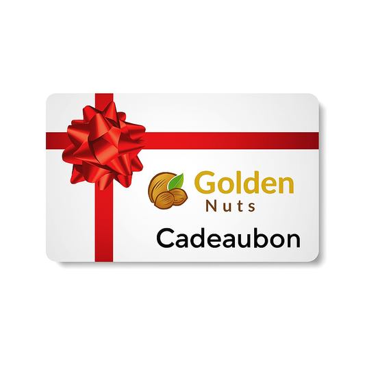 Golden Nuts Cadeaubon met een rode strik, perfect cadeau voor notenliefhebbers.