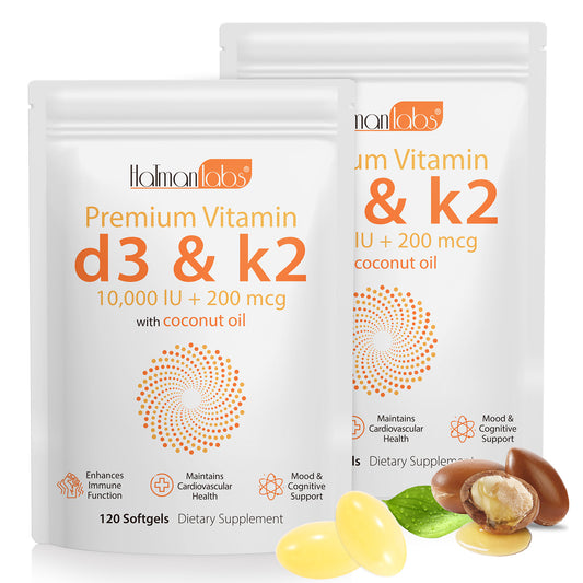 Grafische verpakking van Premium Vitamine D3 + K2 met kokosolie van Mijn winkel, met een focus op 10.000 IE D3 en 200 mcg K2 in zachte gelcapsules, ideaal voor sterke botten, een gezond hart en verbeterde immuniteit.