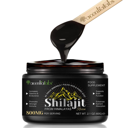 Shilajit Resin van Mijn winkel in een potje met schepje, geschikt als voedingssupplement voor energie en uithoudingsvermogen.