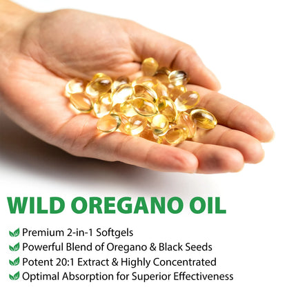 Hand met Wilde Oregano+Zwarte Zaad Olie Capsules van Mijn winkel, die de premium softgels toont die een krachtige combinatie van kruiden bieden.