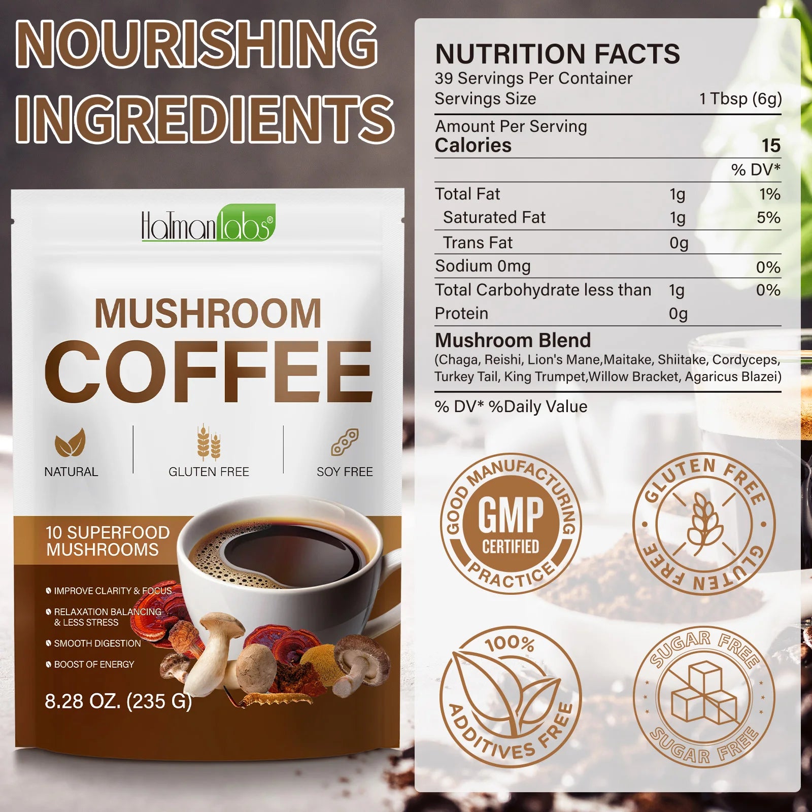 Voedingswaarde van Paddenstoel Koffie van Mijn winkel, met een lijst van ingrediënten zoals Lion’s Mane en Cordyceps, ideaal voor een gezonde levensstijl.