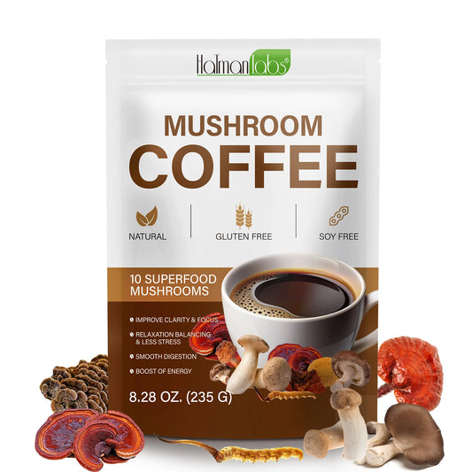 Paddenstoel Koffie van Mijn winkel in een verpakking, met verschillende soorten paddenstoelen zoals Reishi en Chaga in de afbeelding, perfect voor een natuurlijke energieboost.