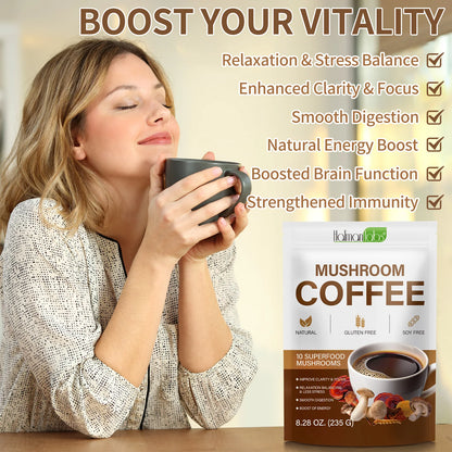 Vrouw geniet van Paddenstoel Koffie van Mijn winkel, benadrukt de voordelen zoals verbeterde spijsvertering en verhoogde immuniteit, perfect voor vitality boost.