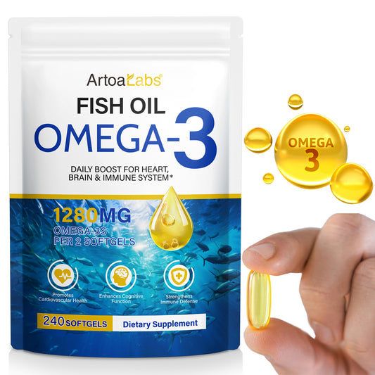 Verpakking van Omega 3 Visolie Capsules van Mijn winkel, met informatie over de voordelen voor hart, hersenen en immuunsysteem.