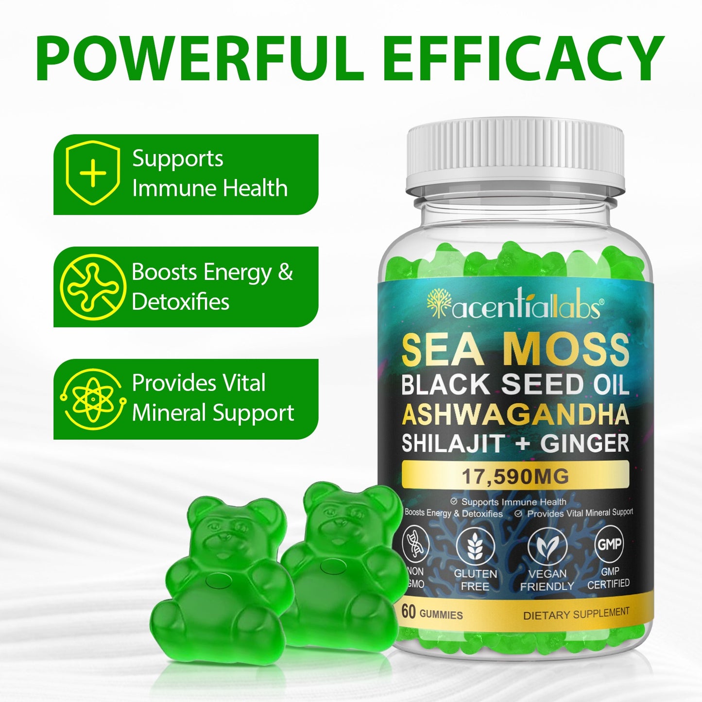 Fles met Golden Nuts Gummies - Zeewier, Zwarte Zaadolie, Ashwagandha, Shilajit & Gember Mix, toont krachtige voordelen voor gezondheid.