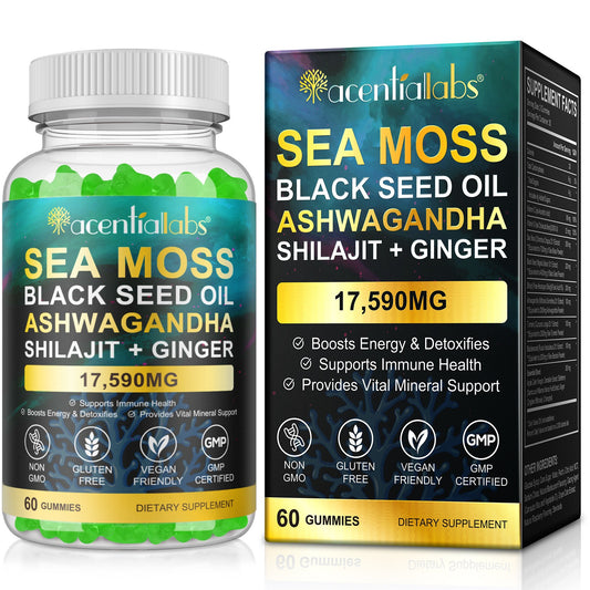 Golden Nuts Gummies - Zeewier, Zwarte Zaadolie, Ashwagandha, Shilajit & Gember Mix in een doorzichtige fles met groene gummies.