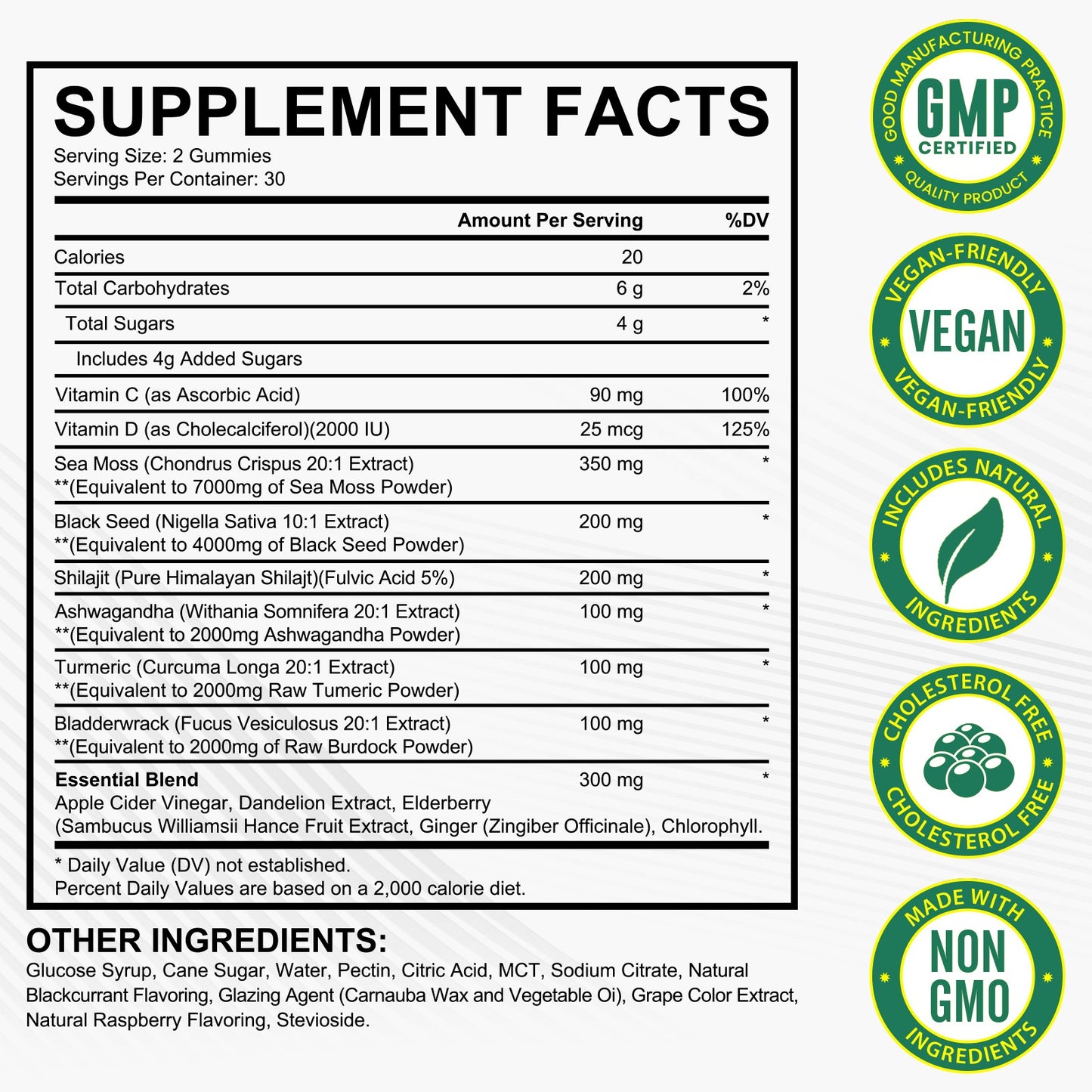 Supplement feiten voor Golden Nuts Gummies - Zeewier, Zwarte Zaadolie, Ashwagandha, Shilajit & Gember Mix, overzicht van voedingswaarden.