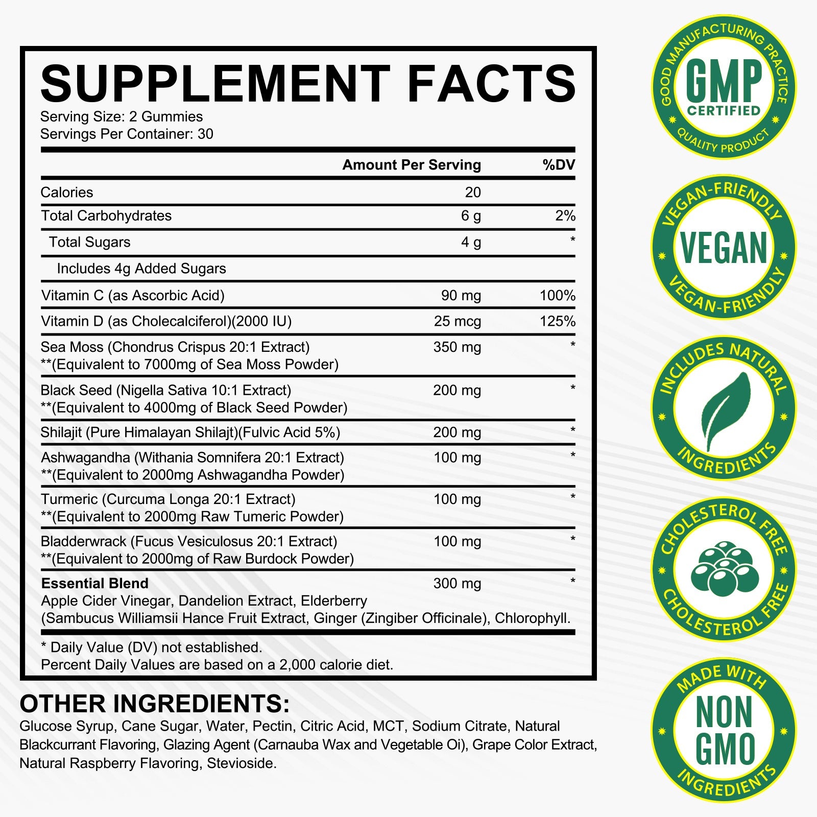 Supplement feiten voor Golden Nuts Gummies - Zeewier, Zwarte Zaadolie, Ashwagandha, Shilajit & Gember Mix, overzicht van voedingswaarden.