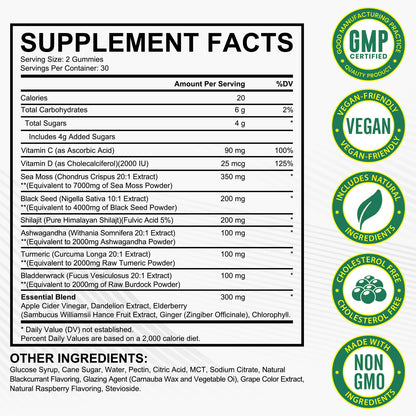 Supplement feiten voor Golden Nuts Gummies - Zeewier, Zwarte Zaadolie, Ashwagandha, Shilajit & Gember Mix, overzicht van voedingswaarden.