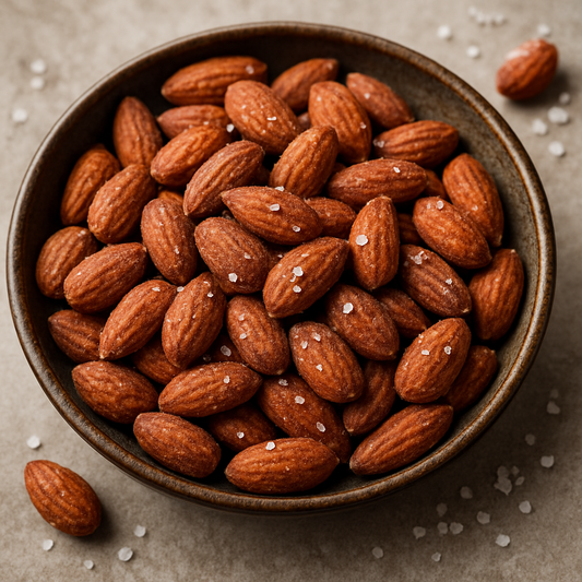 Geroosterde en gezouten amandelen van Mijn winkel in een kom. Perfecte snack voor elke gelegenheid met een nootachtige smaak en een vleugje zout.